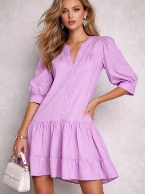 FRUCH Lavender Babydoll Dress Puff Sleeve Chic Size M